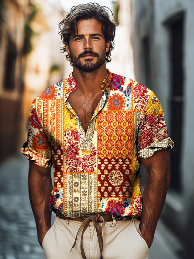 Gentleman Vintage Ethnic Geometric Floral Art Print Cotton Short Sleeve Henley Shirt