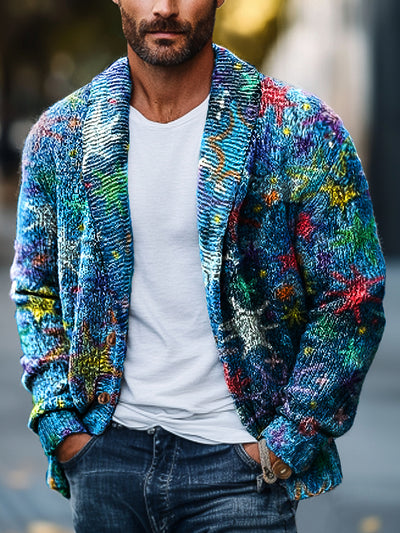 Gentleman Vintage Abstract Colorful Starfish Graffiti Art Print Lapel Pocket Knit Cardigan