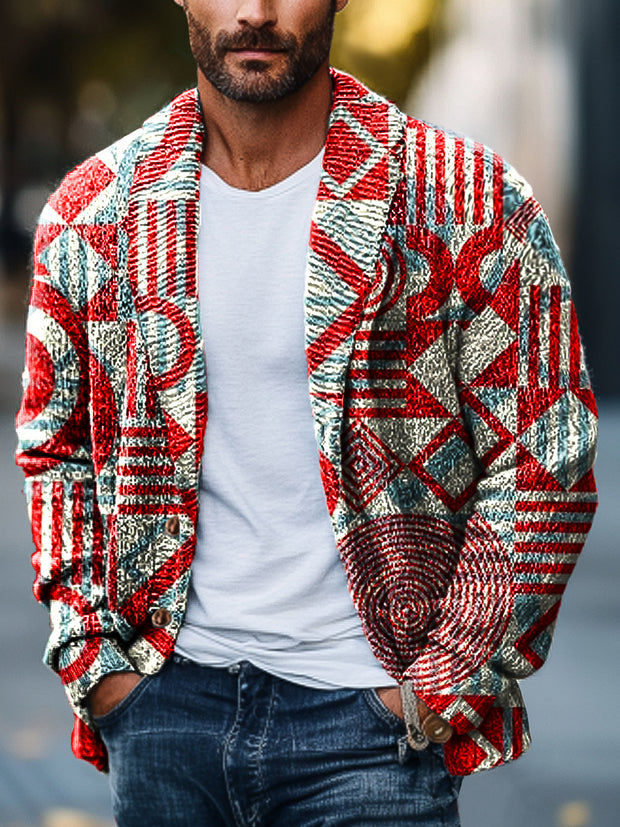 Gentleman Vintage Classic Red Geometric Art Print Lapel Pocket Knit Cardigan