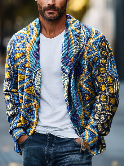 Gentleman Vintage Abstract Colorful Geometric Art Print Lapel Pocket Knit Cardigan