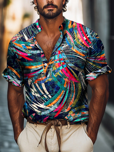 Gentleman Vintage Colorful Abstract Feather Art Print Cotton Short Sleeve Henley Shirt