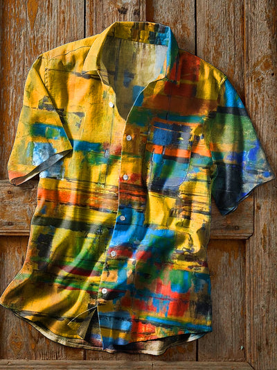 Unisex Vintage Colorful Graffiti Art Print Cotton Lapel Short Sleeve Pocket Shirt