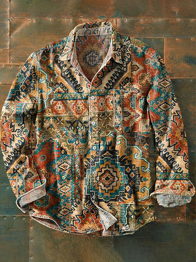 Unisex Vintage Western Ethnic Colorful Geometric Art Print Cotton Lapel Long Sleeve Pocket Shirt