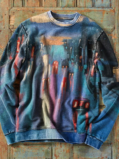 Men's Vintage Abstract Street Car Watercolor Art Print Cotton Crew Neck Sweatshirt