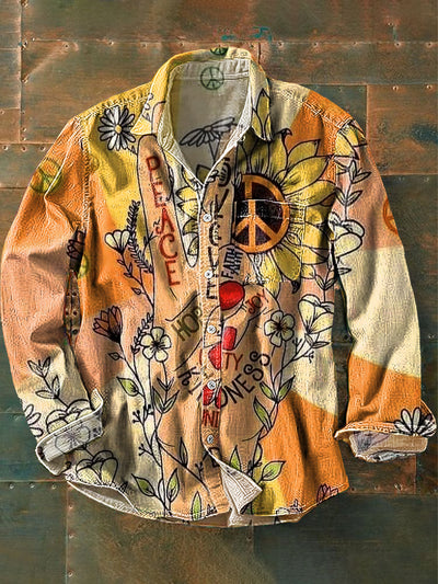 Unisex Vintage Peace and Love Daisy Art Print Cotton Lapel Long Sleeve Pocket Shirt