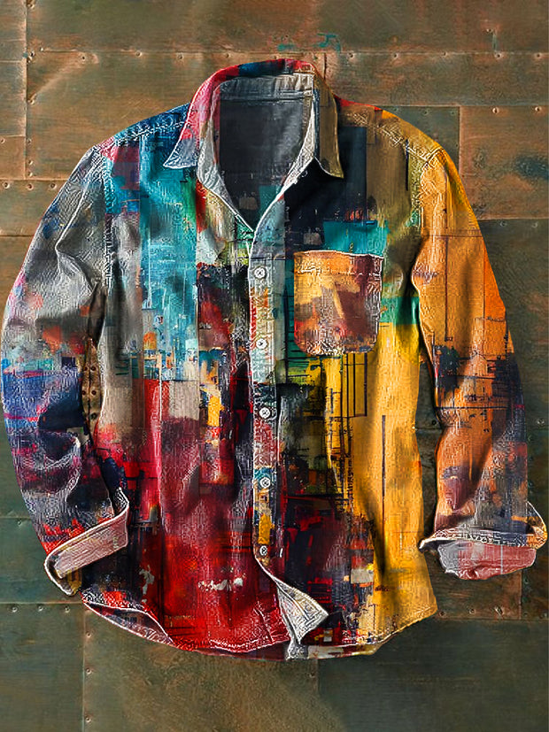 Unisex Vintage Rainbow Color Abstract Art Print Cotton Lapel Long Sleeve Pocket Shirt