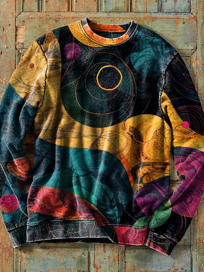 Men's Retro Colorful Abstract Line Ripple Art Print Cotton Crew Neck Sweatshirt