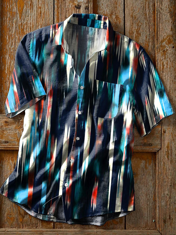 Unisex Vintage Colorful Abstract Gradient Art Print Cotton Lapel Short Sleeve Pocket Shirt