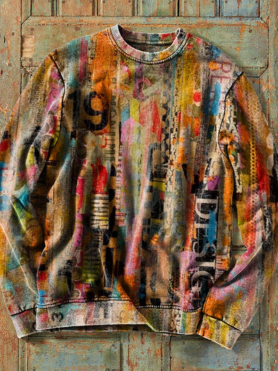 Men's Retro Colorful Graffiti Letter Abstract Art Print Cotton Crew Neck Sweatshirt