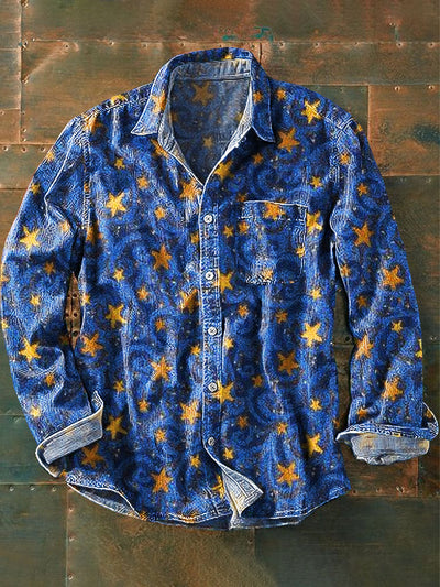 Unisex Vintage Sky Gold Stars Art Print Cotton Lapel Long Sleeve Pocket Shirt