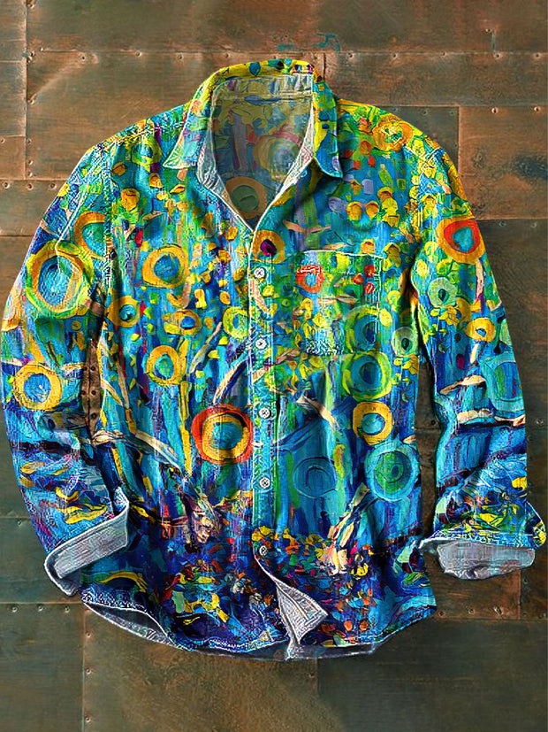 Men's Vintage Abstract Colorful Antlers Oil Painting Art Print Lapel Long Sleeve Pocket Shirt