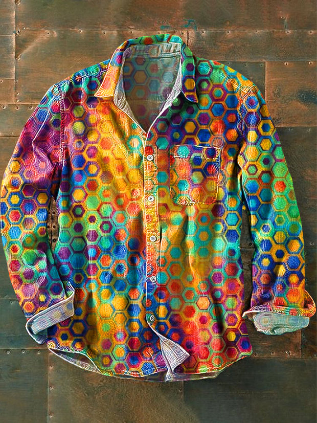 Men's Vintage Rainbow Gradient Geometric Art Print Lapel Long Sleeve Pocket Shirt