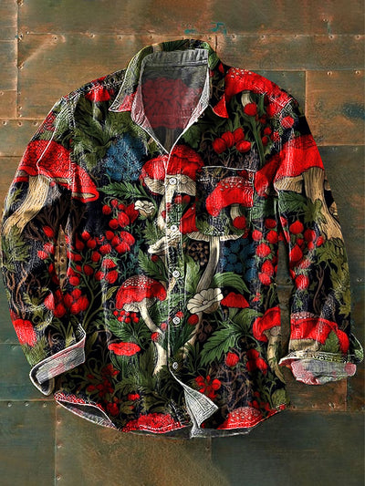 Men's Vintage Red Mushroom Art Print Lapel Long Sleeve Pocket Shirt