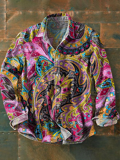 Men's Vintage Color Paisley Floral Art Print Lapel Long Sleeve Pocket Shirt