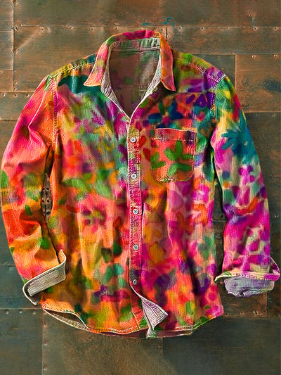 Men's Vintage Color Gradient Abstract Floral Art Print Lapel Long Sleeve Pocket Shirt