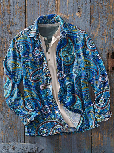 Men's Vintage Blue Paisley Floral Art Print Soft Lapel Long Sleeve Pocket Shirt