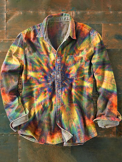 Men's Vintage Color Gradient Light Art Print Lapel Long Sleeve Pocket Shirt