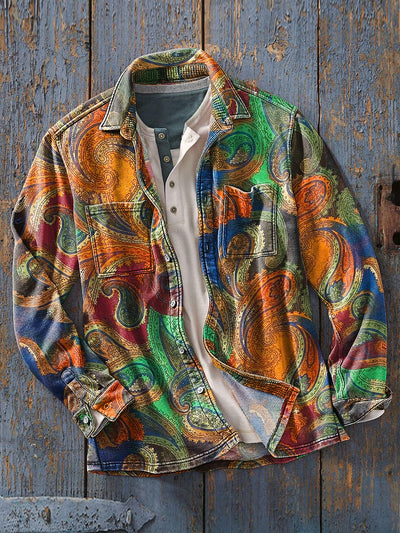 Men's Vintage Color Swoosh Paisley Art Print Soft Lapel Long Sleeve Pocket Shirt