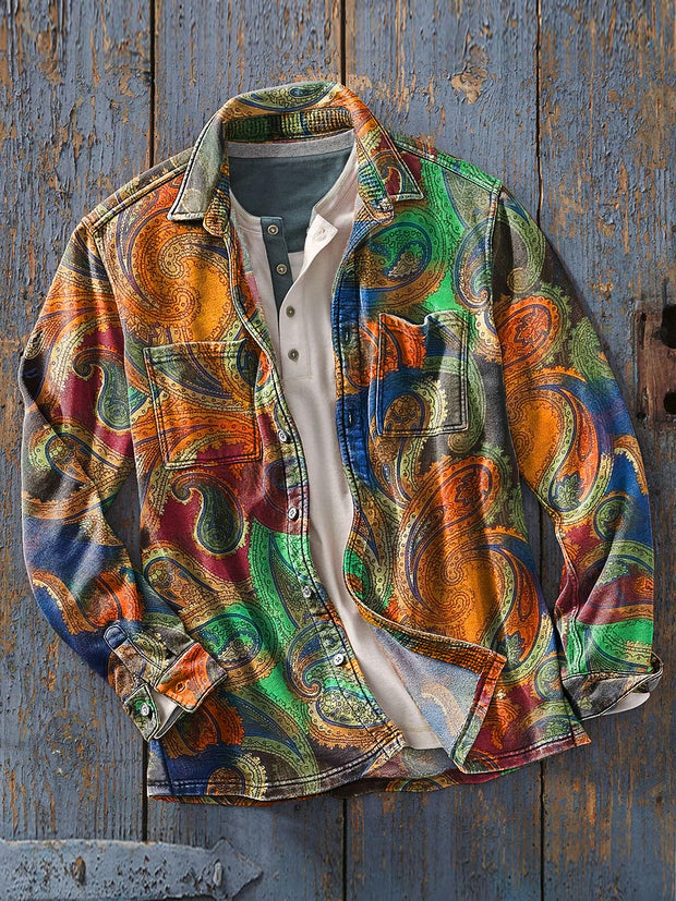 Men's Vintage Color Swoosh Paisley Art Print Soft Lapel Long Sleeve Pocket Shirt