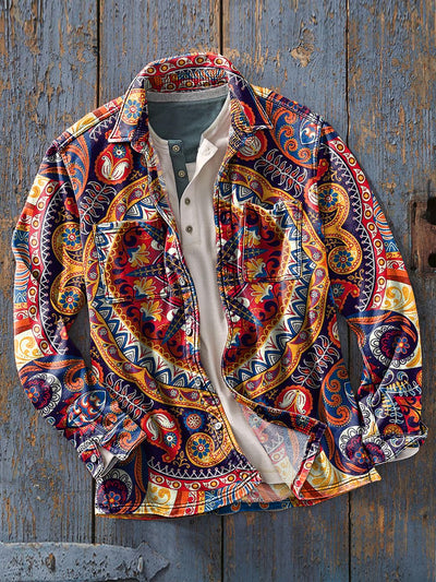 Men's Vintage Colorful Ethnic Floral Art Print Soft Lapel Long Sleeve Pocket Shirt