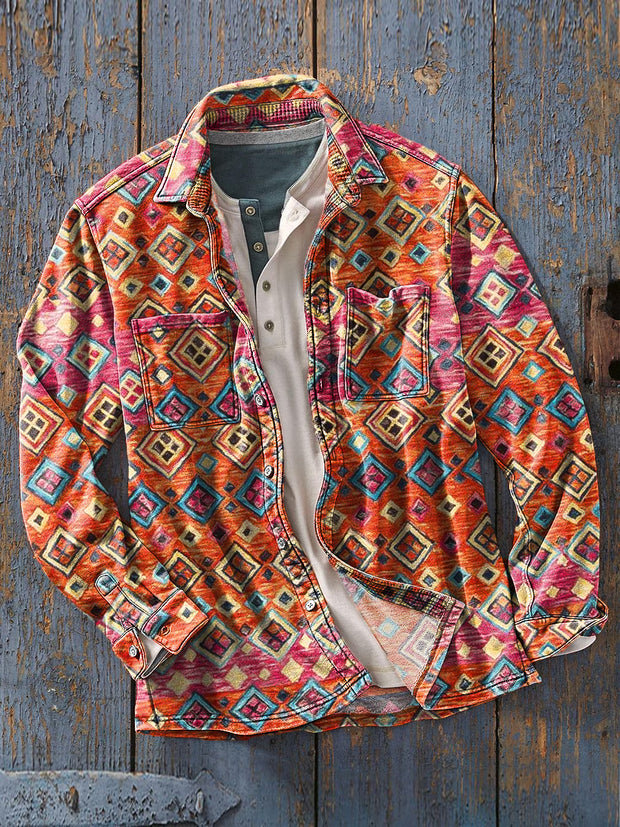 Men's Vintage Ethnic Colorful Geometric Art Print Soft Lapel Long Sleeve Pocket Shirt