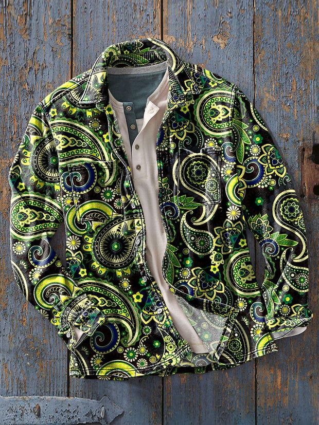 Men's Vintage Paisley Floral Art Print Soft Lapel Long Sleeve Pocket Shirt