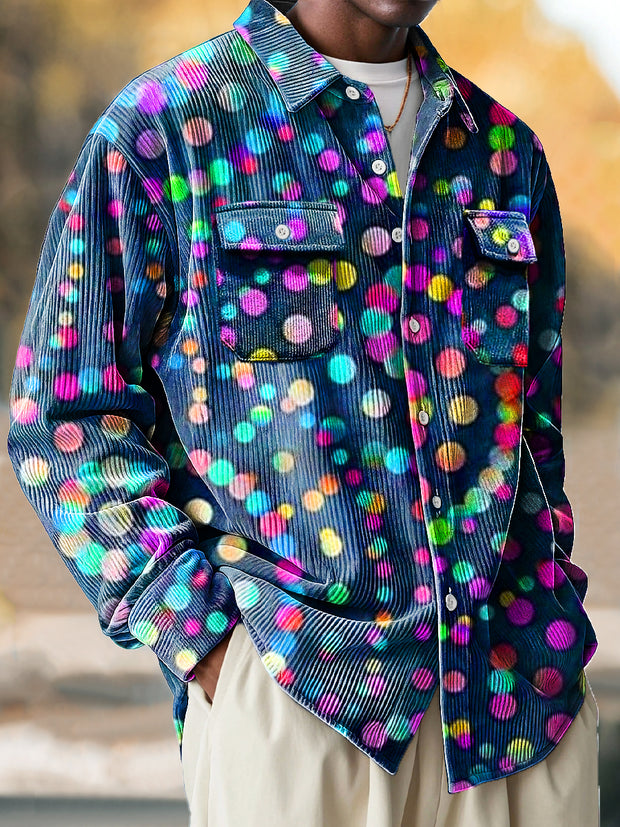 Men's Vintage Rainbow Color Dot Art Print Corduroy Lapel Long Sleeve Pocket Shirt