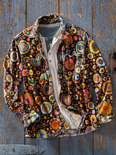 Men's Vintage Irregular Colorful Circle Art Print Soft Lapel Long Sleeve Pocket Shirt