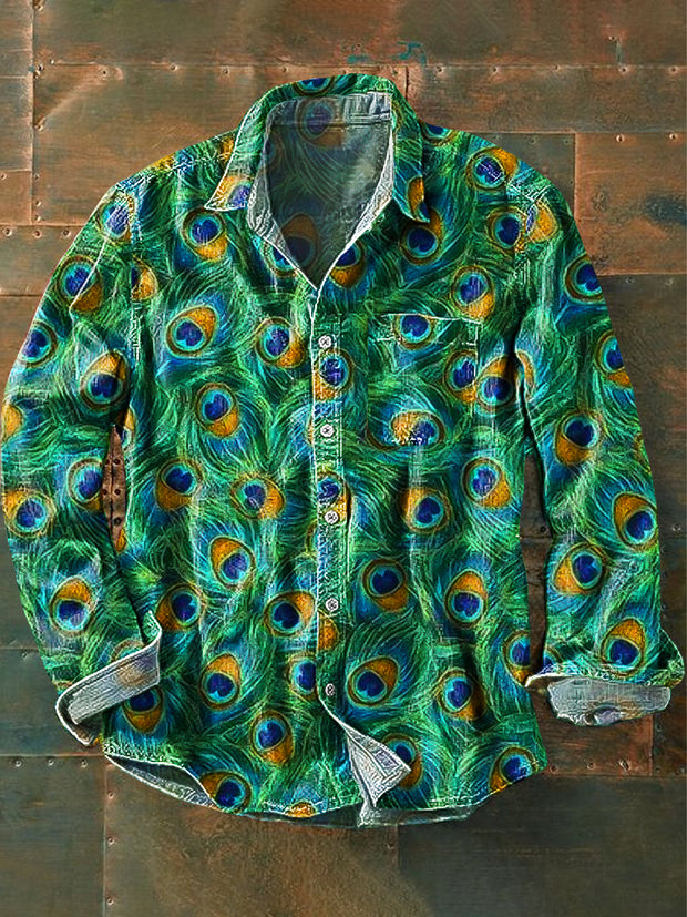 Men's Vintage Peacock Feather Art Print Lapel Long Sleeve Pocket Shirt