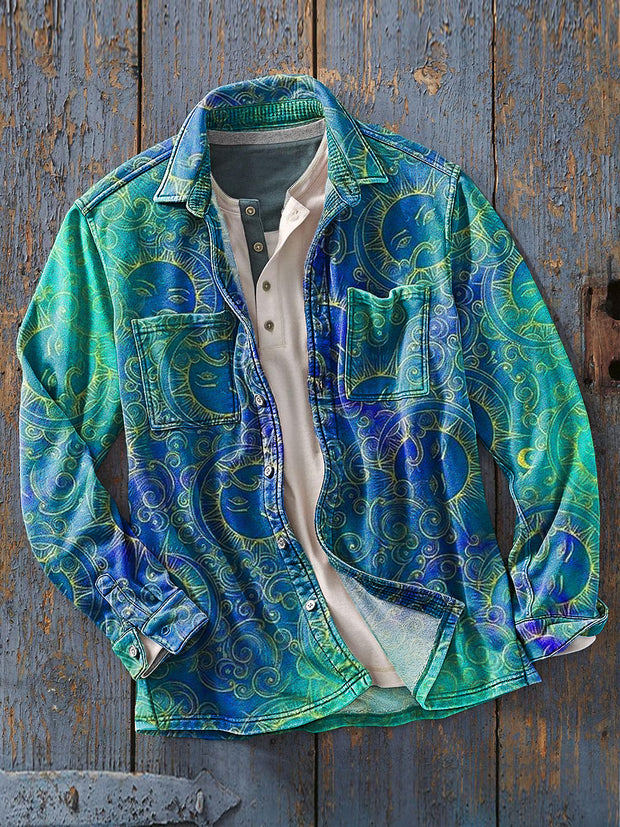 Men's Vintage Trompe l'oeil Helios Floral Art Print Soft Lapel Long Sleeve Pocket Shirt