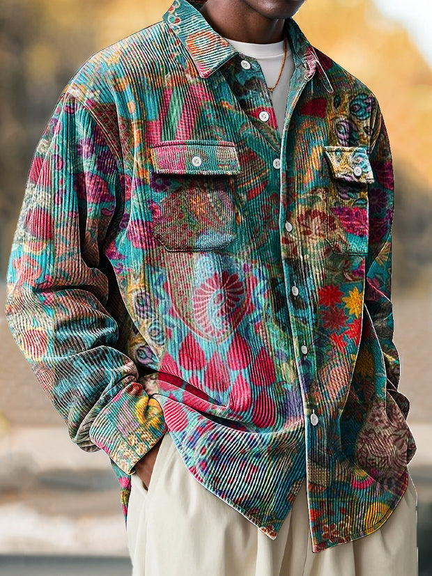 Men's Retro Colorful Ethnic Patchwork Art Print Corduroy Lapel Long Sleeve Pocket Shirt