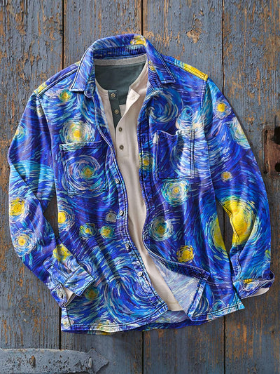 Men's Vintage Abstract Star Painted Art Print Soft Lapel Long Sleeve Pocket Shirt