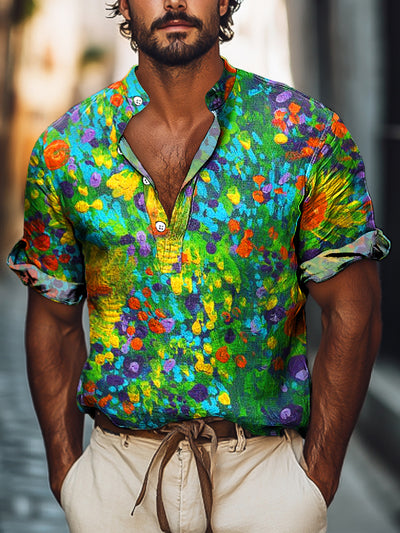 Gentleman Vintage Rainbow Color Abstract Floral Art Print Short Sleeve Henley Shirt