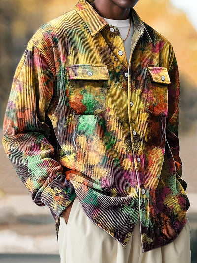 Men's Vintage Abstract Colorful Ink Art Print Corduroy Lapel Long Sleeve Pocket Shirt