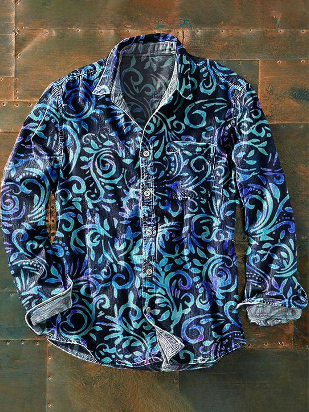 Men's Vintage Gradient Floral Art Print Lapel Long Sleeve Pocket Shirt