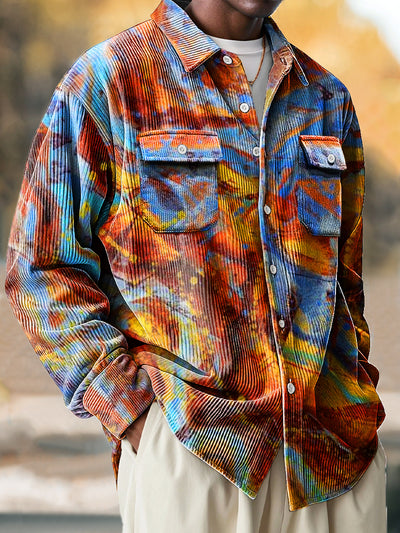 Men's Vintage Colorful Irregular Textured Art Print Corduroy Lapel Long Sleeve Pocket Shirt