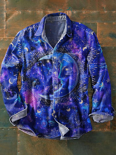 Men's Vintage Interstellar Mystic Moon Art Print Lapel Long Sleeve Pocket Shirt