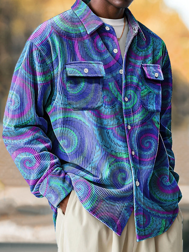 Men's Vintage Multicolor Line Spiral Art Print Corduroy Lapel Long Sleeve Pocket Shirt