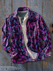 Men's Vintage Colorful Leaf Abstract Art Print Soft Lapel Long Sleeve Pocket Shirt