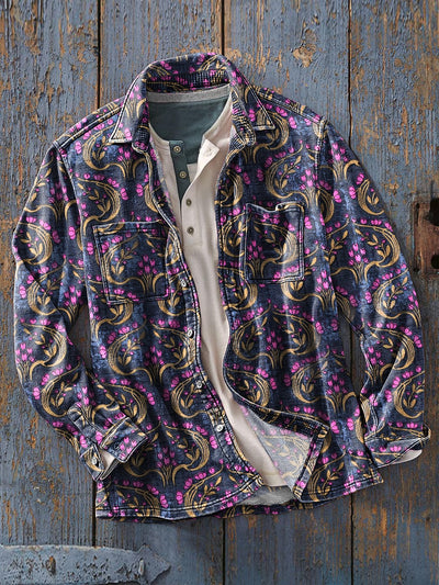 Men's Vintage Colorful Symmetrical Floral Art Print Soft Lapel Long Sleeve Pocket Shirt