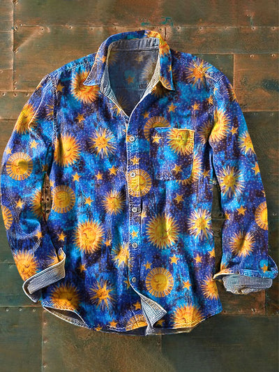 Men's Vintage Abstract Sun Star Art Print Lapel Long Sleeve Pocket Shirt