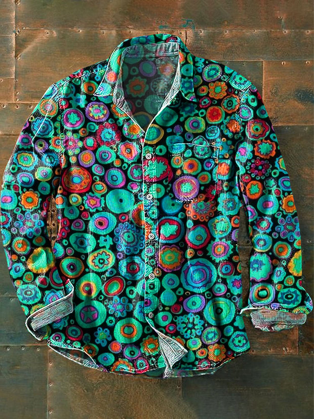 Men's Vintage Multicolor Irregular Circle Art Print Lapel Long Sleeve Pocket Shirt