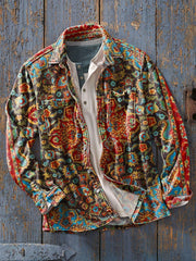 Men's Vintage Multicolor Ethnic Floral Art Print Soft Lapel Long Sleeve Pocket Shirt