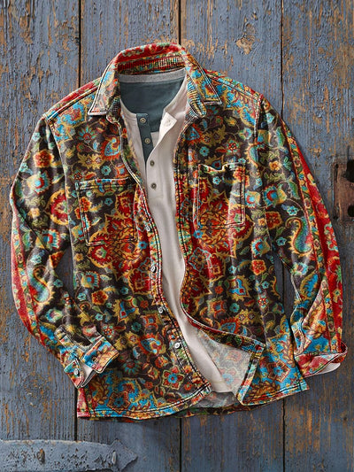 Men's Vintage Multicolor Ethnic Floral Art Print Soft Lapel Long Sleeve Pocket Shirt