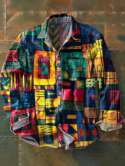 Men's Vintage Multicolor Irregular Geometric Art Print Lapel Long Sleeve Pocket Shirt