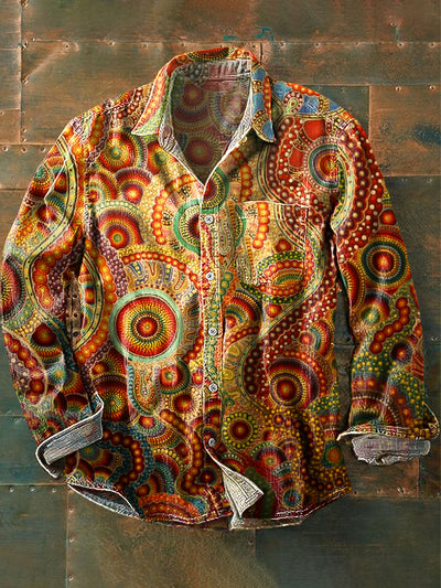 Men's Vintage Colorful Gradient Line Irregular Art Print Lapel Long Sleeve Pocket Shirt