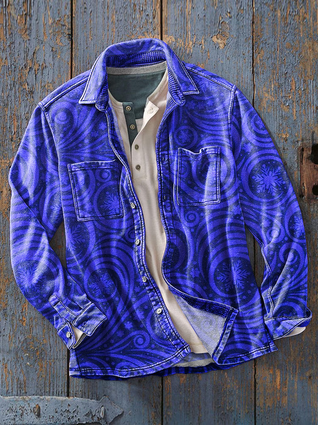 Men's Vintage Blue Swirl Dark Art Print Soft Lapel Long Sleeve Pocket Shirt