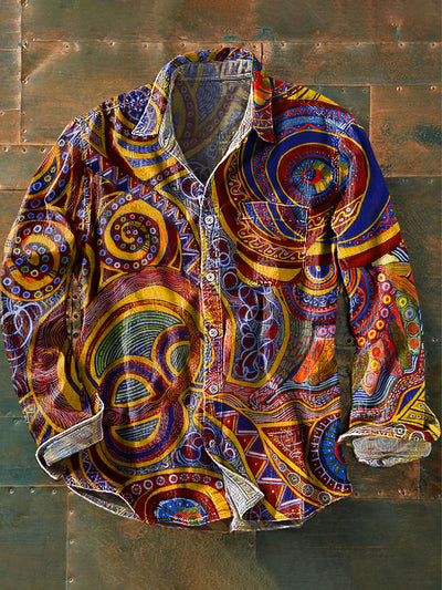 Men's Vintage Colorful Irregular Line Spiral Art Print Lapel Long Sleeve Pocket Shirt