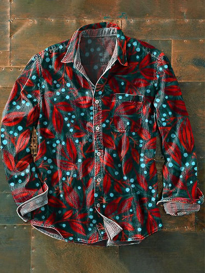 Men's Retro Punk Colorful Leaf Abstract Art Print Lapel Long Sleeve Pocket Shirt