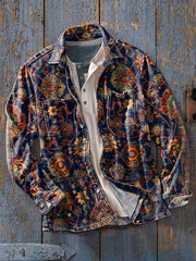 Men's Vintage Ethnic Colorful Floral Art Print Soft Lapel Long Sleeve Pocket Shirt